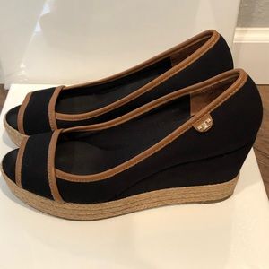 Tory Burch Black And Tan Marjorca Wedge Sandals